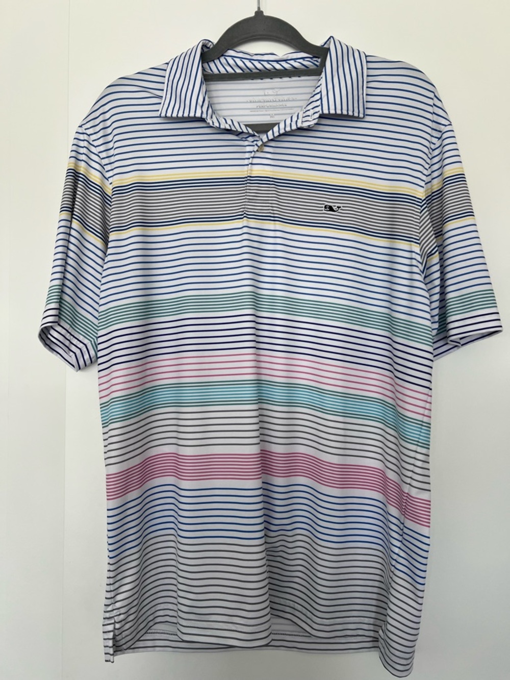 Vineyard Vines White Polo with Navy, Yellow, Pink, Aqua, Mint Stripes